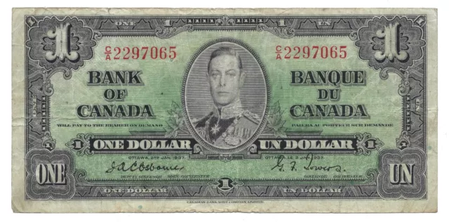 Bank of Canada 1937 $1 Note Osborne Signature C/A Prefix - Fine +