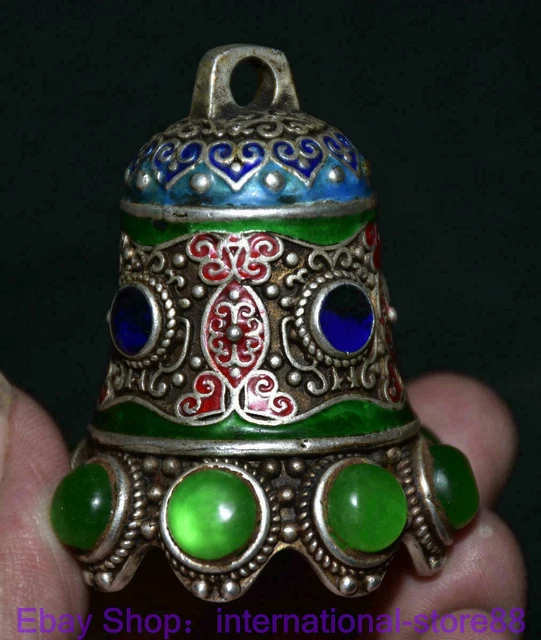 2.6" Old China Cloisonne Silver inlay Green Jade Gem Dynasty Small Bell Zhong