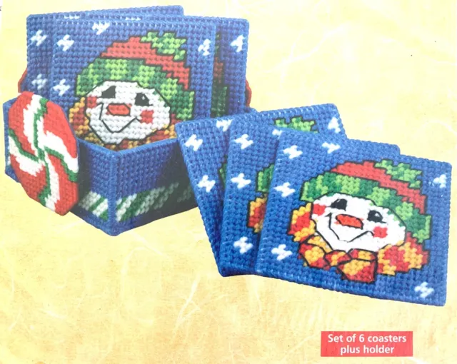 Craftways FROSTY SMILE 6 Piece Coasters + Holder Plastic Canvas Kit Snowmen