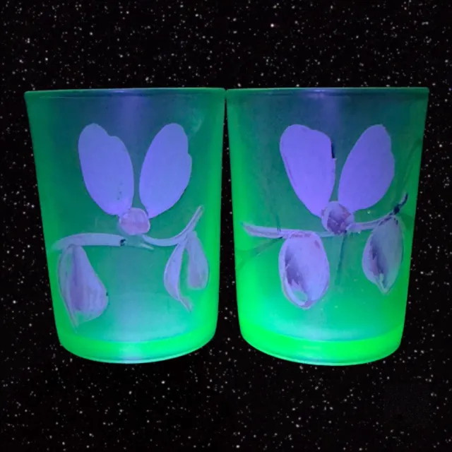 Victorian Uranium Glass Juice Glasses Tumbler Set Hand Painted Floral 3.5”T