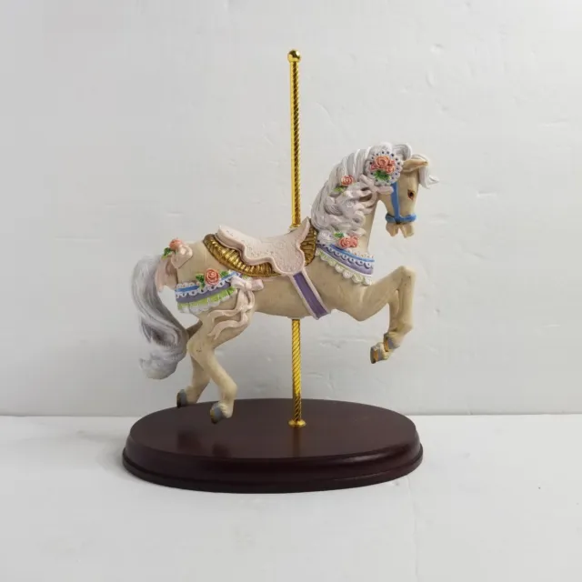 Carousel Horse w/ Wood Base, Cream color, Roses, Ribbons, Purple, Pink, and Blue