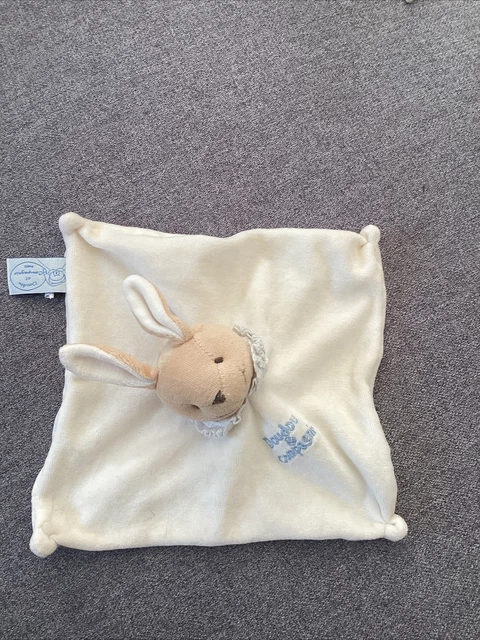 Doudou Et Compagnie Lapin Blanc Beige Plat Carré Col Dentelle Bleu