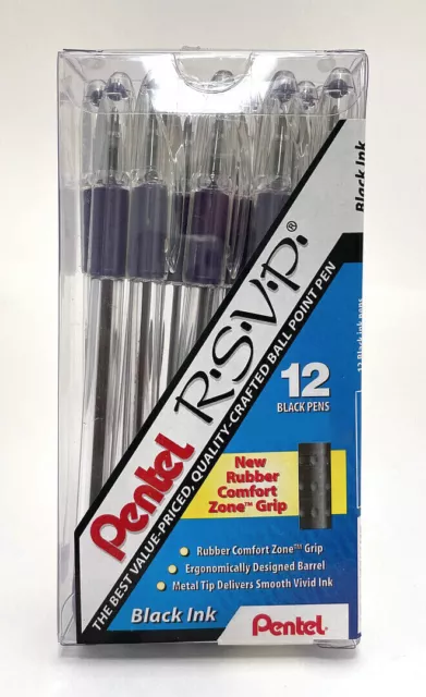 NEW Pentel 12-PACK RSVP Ballpoint Stick Pen BLACK Ink Medium Tip 1.0 mm cap grip