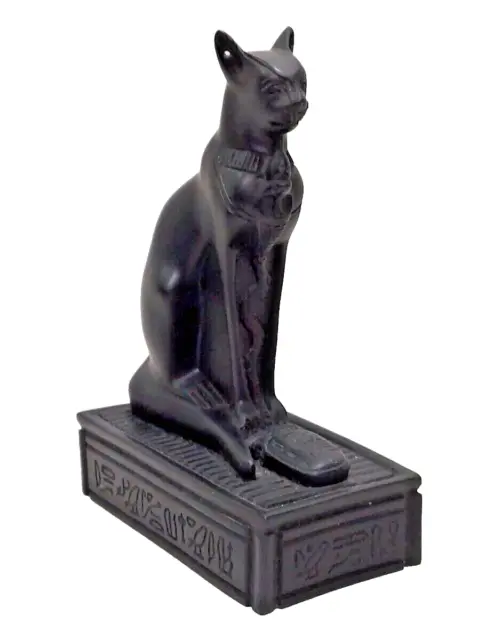 8" Polished Black Carved Stone Bastet Egyptian Cat Goddess Desk Statue Figurine