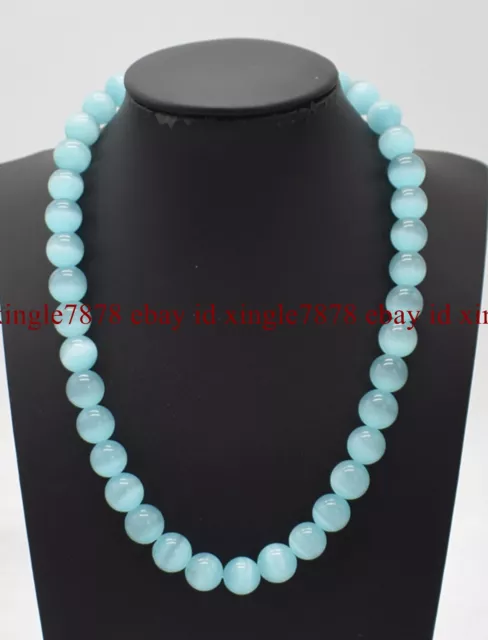 Beautiful 6/8/10/12/14mm Light Blue Opal Cat's Eye Round Gems Beads Necklace 20"