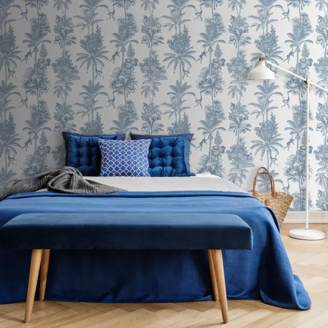 World of Wallpaper Singe Jungle Troop Toile Papier Peint Bleu AF0010 Palmiers