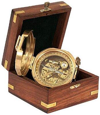 Antique Brass Brunton Compass (2.5") with Wooden Box Nautical Collectible & Gift