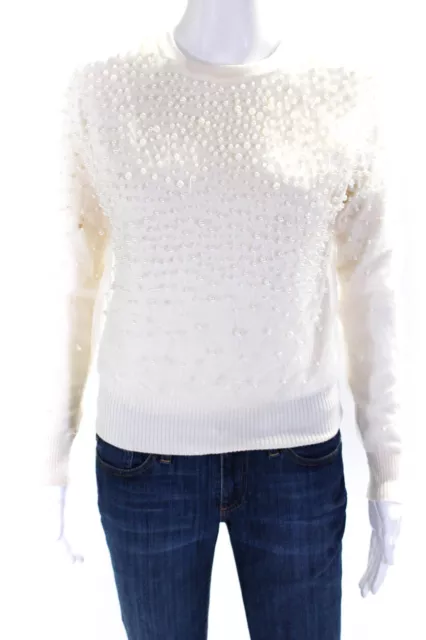 Elie Tahari Womens Merino Wool Mesh Overlay Faux Pearl Sweater White Size XS