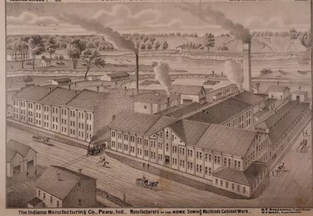 1876 Bird's-Eye View of the HOWE SEWING MACHINE Factory & Cabinet Works, INDIANA