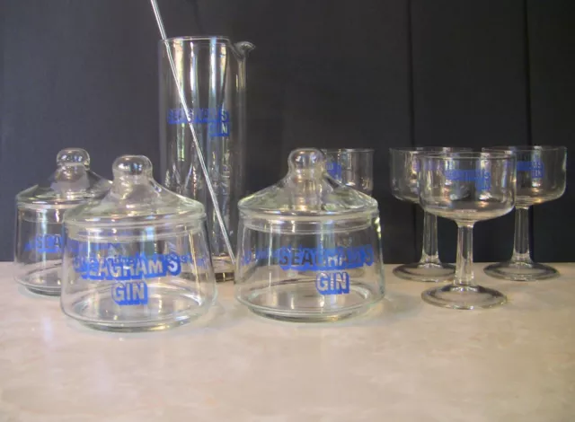 Vtg MCM Seagram's Gin Martini Set - Cocktail Pitcher, Glasses, Bar Jars & Lids