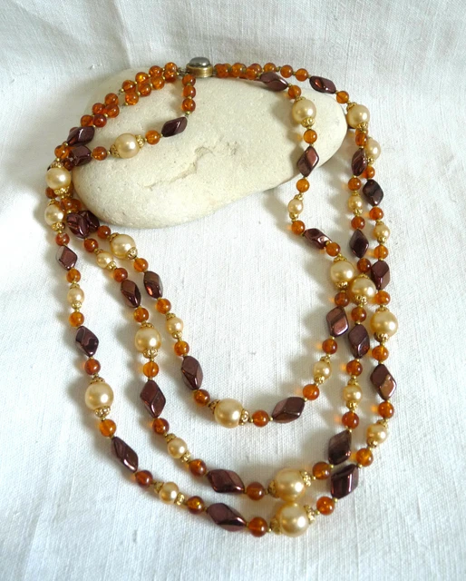 Collier Vintage Trois Rangs De Perles Tressées - Couleurs Anthracite, Corail, Doré - Bijou Rétro