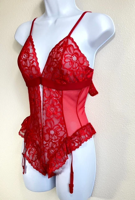 Mapale Womens S/M Heart Lace Teddy with Garter Straps 8568 Red