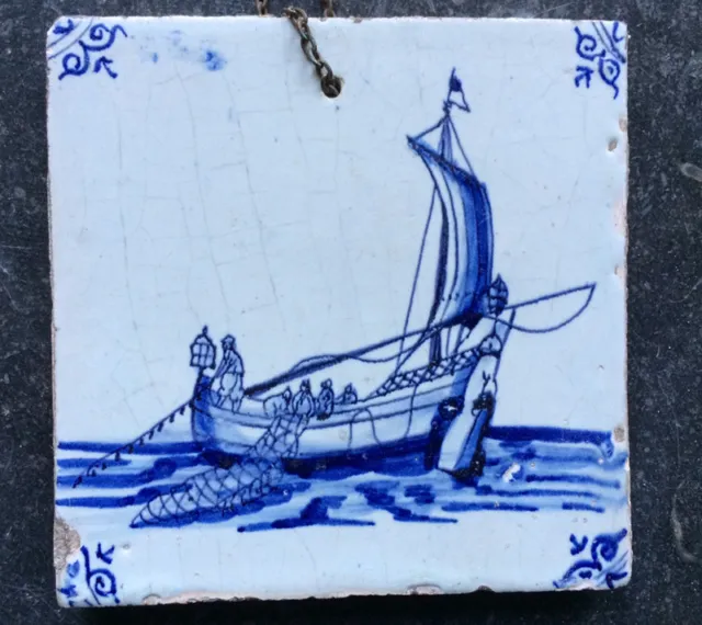 Antique Superb Dutch Delft Tile Fishing Boat + Crew 17th