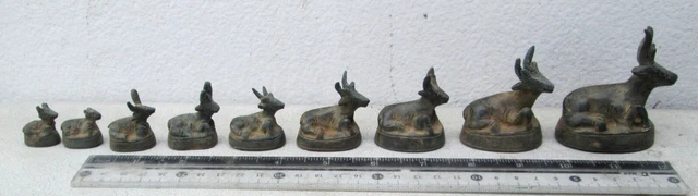 Superb Old Bronze Opium Weight Set 9 Deer Weights