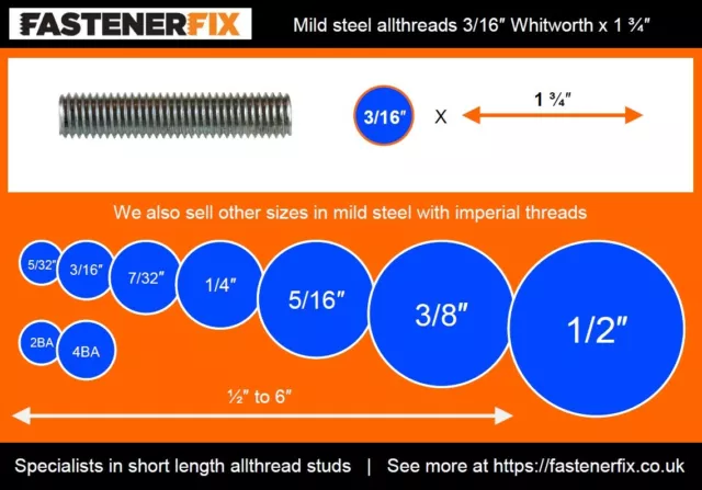 3/16" Whitworth x 1 3/4" allthread mild steel studs, threaded bar, s/c (400pack) 2