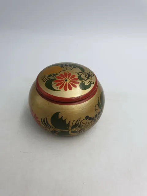 Russian Ussr Khokhloma Lacquered Wooden Lidded Trinket Box Hand Painted Floral