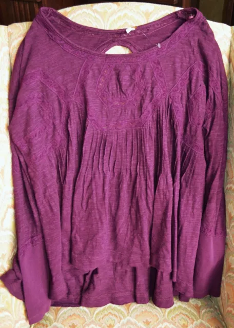 FREE PEOPLE Purple Hope Lace Trim Pintuck Pleats Tunic Top Blouse S NWT