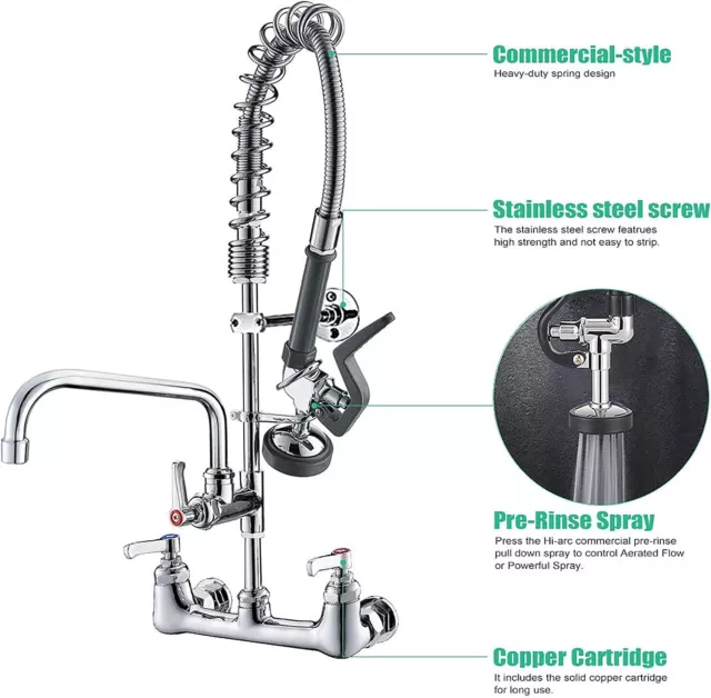 Commercial Wall Mount Faucet 8'' Wall Mount Center Restaurant Pre Rinse Faucet 2