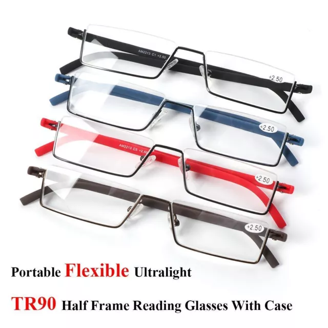 Case TR90 Ultralight Reading Glasses Reader Eyeglasses Semi Rimless Half Frame