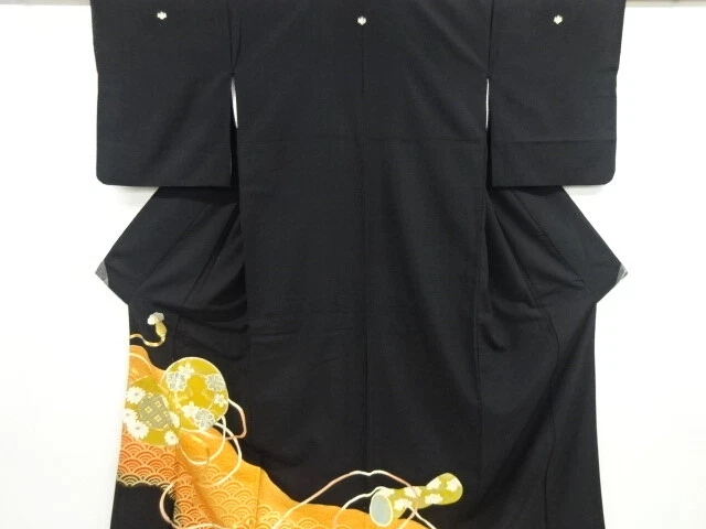 41730# Japanese Kimono / Antique Tomesode / Embroidery / Drum