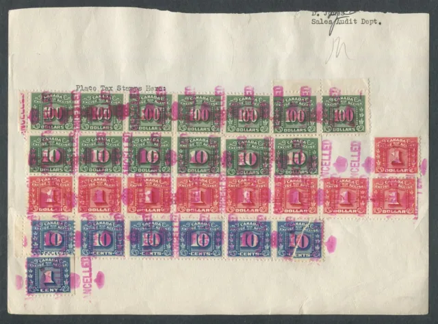 Canada Revenue Fx61, Fx71, Fx84, Fx91, Fx94 Excise Tax Stamps On Document Piece