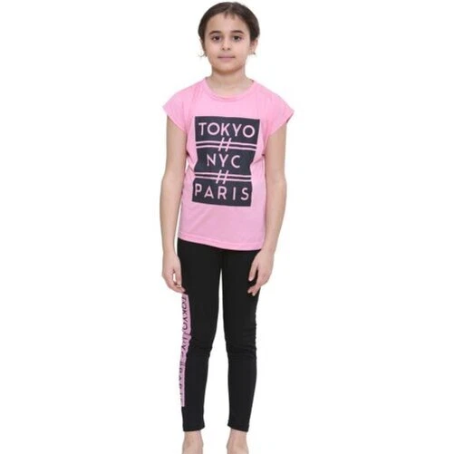Top Bambina Maniche Corte Tokyo, Nyc, Paris Rosa Confetto T Shirt & Set Leggings