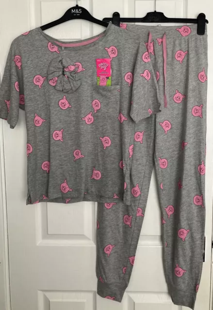 NEU M&S Damen grau Mix Baumwolle reich Percy Pig™ Pyjama-Set Größe 6