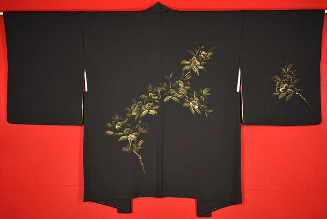 Vintage Japanese Kimono Silk Antique BORO Black HAORI Kusakizome Dyed/A908/540