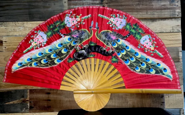 Vintage Large Oriental Asian Folding Wall Fan Decor Hand Painted Peacocks 40x24