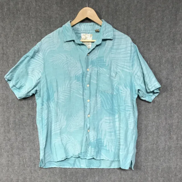 Tasso Elba Shirt Mens Large Blue Linen Silk Tropical Button Up Short Sleeve