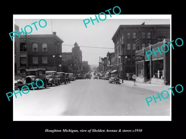 OLD LARGE HISTORIC PHOTO OF HOUGHTON MICHIGAN SHELDEN AVE & STORES c1930