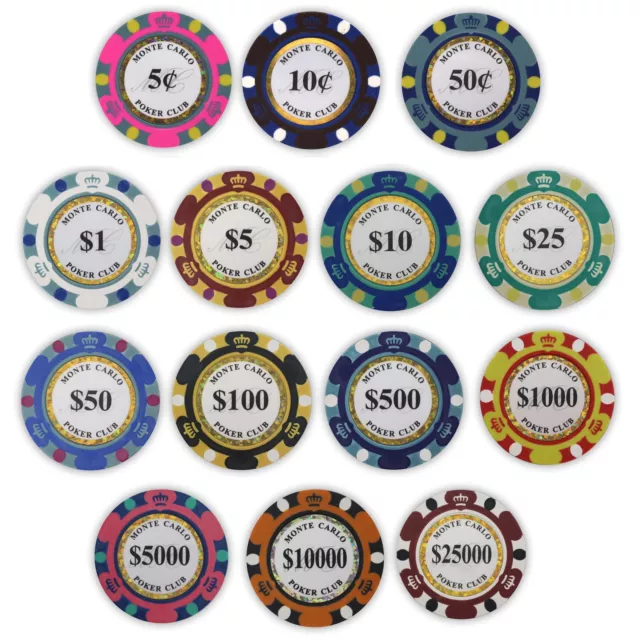 Bulk 1000 Monte Carlo Club Poker Chips - 14 gram - Pick Your Denominations