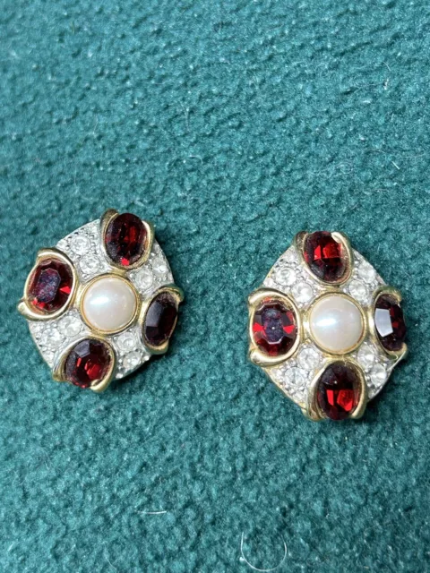 Marvella Gold Tone Glass Red & Clear Rhinestones Faux Pearl  High-end Earrings