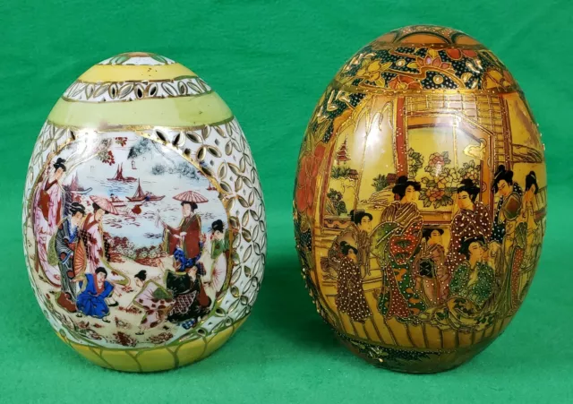 Vintage Hand Painted Chinese SASUMA Oriental Porcelain Large Egg Geisha (2 eggs)