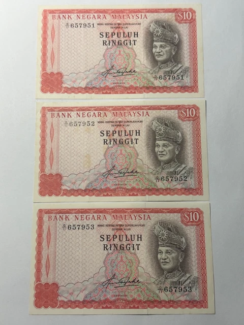 Malaysia 10 Ringgit 4Th Series 1981 Consecutive 3Pcs AUNC