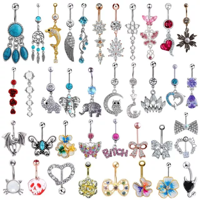 Rhinestone Dangle Body Piercing Jewelry Barbell Bar Belly Button Navel Ring