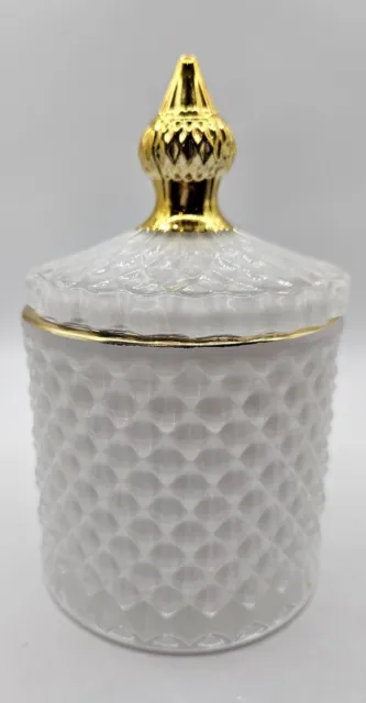 Elegant White Victorian Glass Jar with Gold Trim.  Candle, Candy, Essential Oils