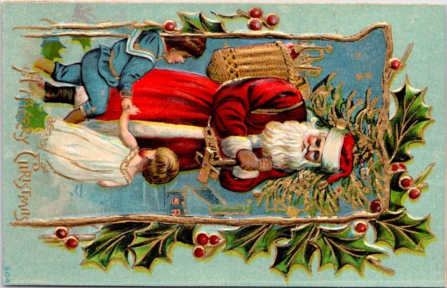 Full Length SANTA Carrying a Basket & Holding a Candle, CHRISTMAS Postcard - 504