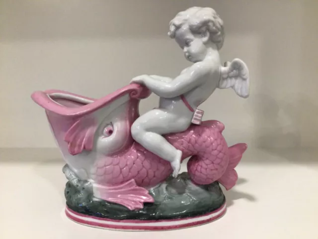 Old Paris Porcelain French DEPOSE Cherub Cupid Angel w Fish Vase Figurine