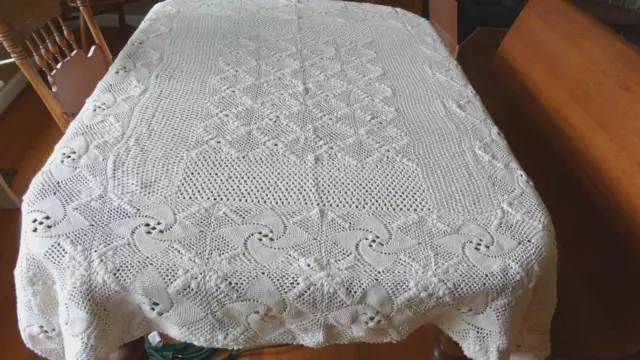 Handmade Crochet Intricate Detailed Heavy Cotton Tablecloth 54”X69”Vtg Beige