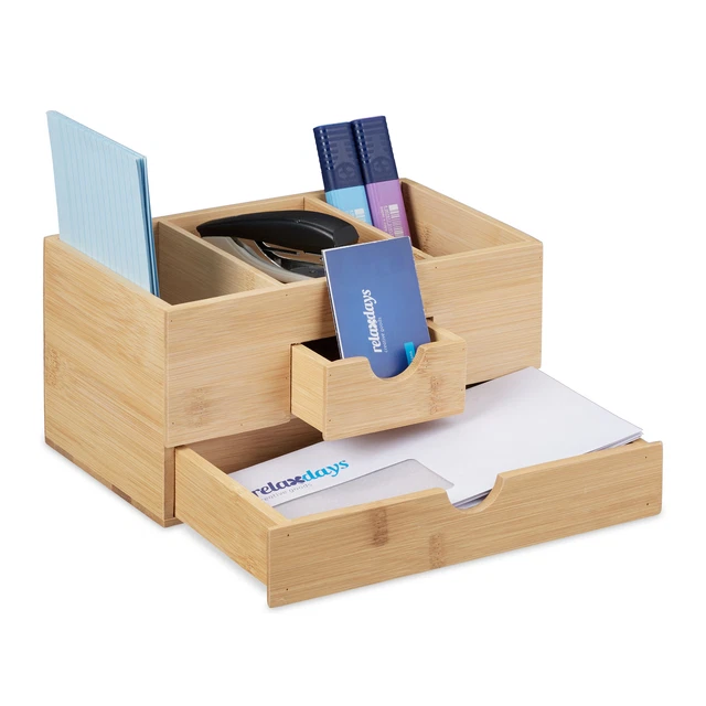Relaxdays MDF Noir Organisateur Bureau Relaxdays 4 Tiroirs - Bambou Et MDF, 13,5x33x21 Cm, Noir-nature Rangement Tiroir Fournitures