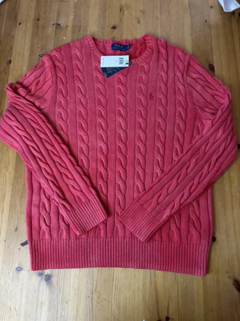 NWT Polo Ralph Lauren Women's Red Cable Knit Sweater with Red Pony Size Large