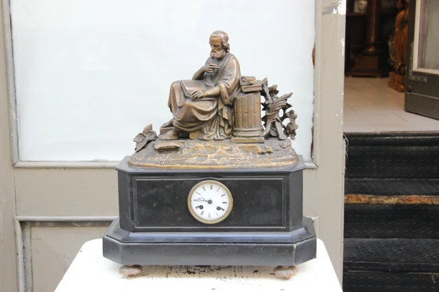 Antico Orologio Da Tavolo In Marmo Lavagno Con Scultura In Antimonio Da Riparare