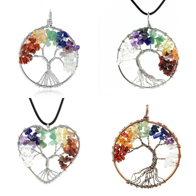 Natural Healing Crystal Quartz Chakra Round Tree of Life Stone Pendant Necklace