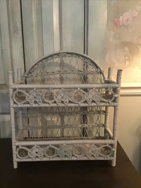 White Woven Wicker Rattan Boho 2 Shelf Storage Beach House theme Decor Bathroom White Woven Wicker Rattan Boho 2 Shelf Storage Beach House theme Decor Bathroom