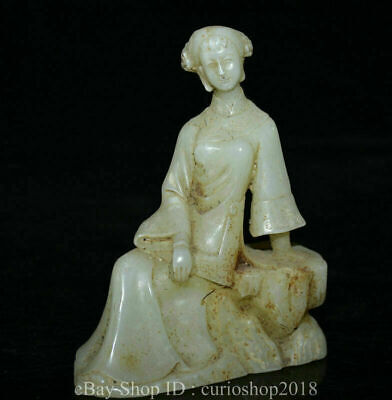 5.6 " Old Chinese Natural White Jade Carved Dynasty Beauty Woman Sit Statue
