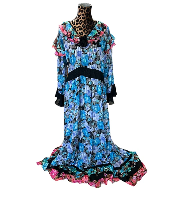 Vtg Diane Fres Georgette Dress Blue Vneck Boho Floral Ruffle Hem Praire