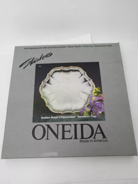 Oneida Royal Chippendale Sandwich Tray Stainless With 24k Gold Electroplate USA