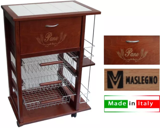 Carrello Vesuvio Porta Pane + Porta Bottiglie Noce Mas Legno