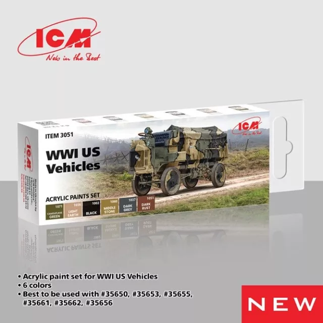 Icm 3051 - Acrylic Paint Jeu pour WWI US Militaire Véhicules 6 x12 ML - Neuf